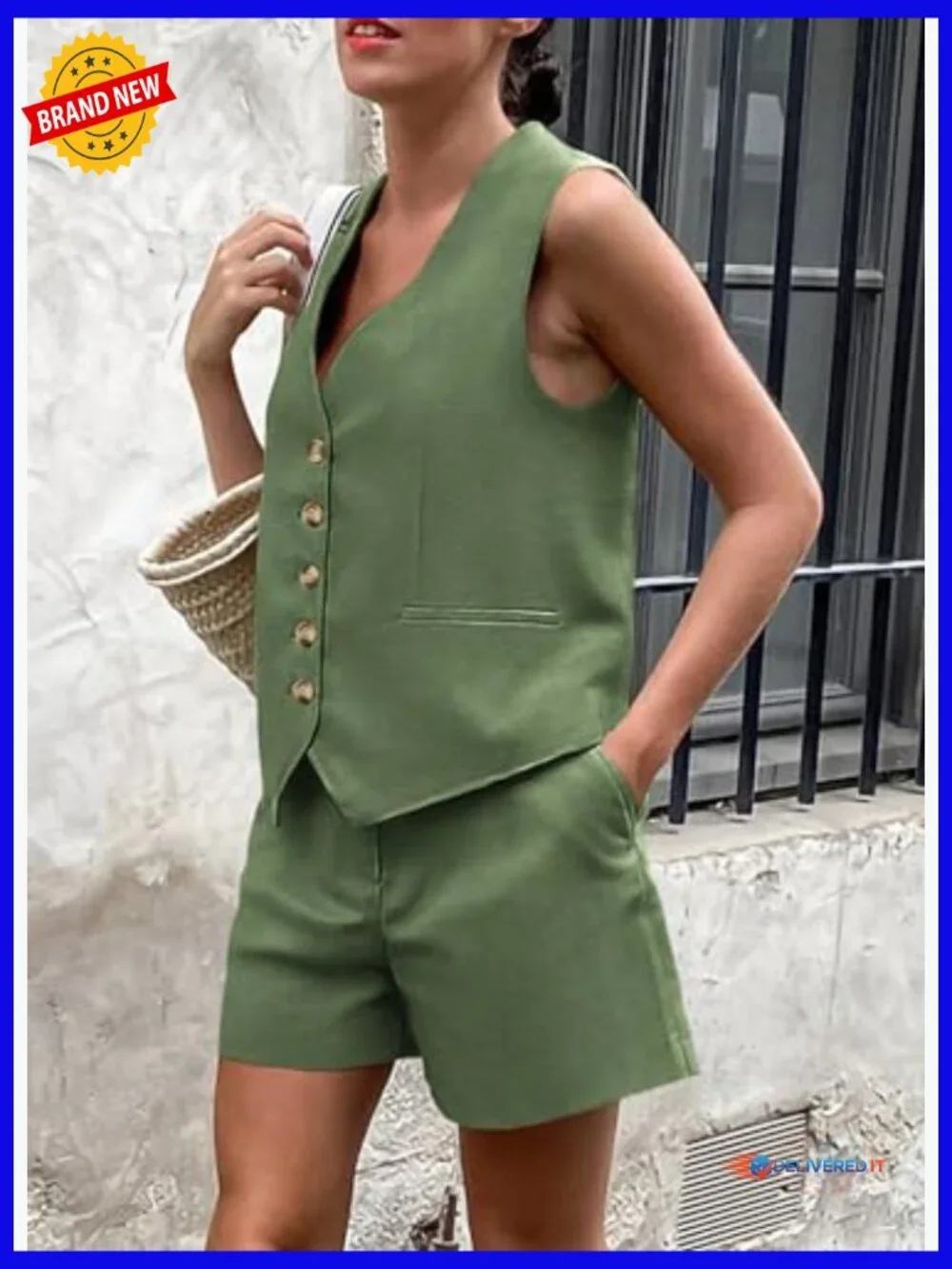 Sleeveless 2 Piece Shorts Set V Neck Vest with Pockets Summer Matching Outfit